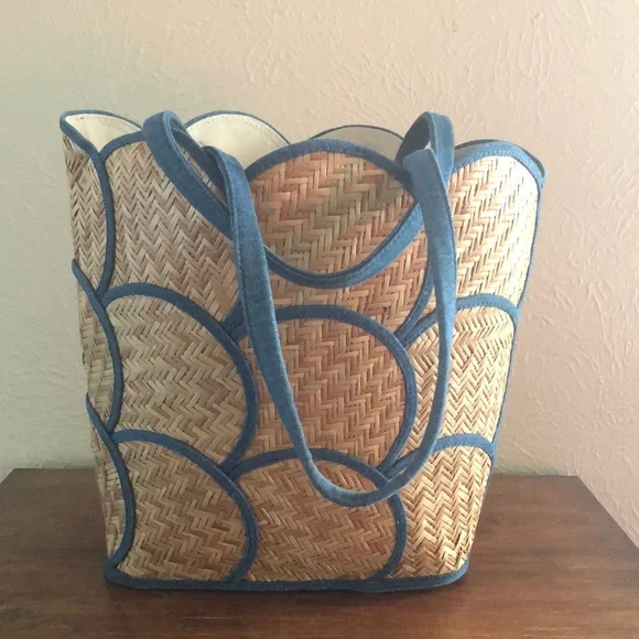Elegant Blue and Tan Woven Tote Bag - Picture 1 of 12